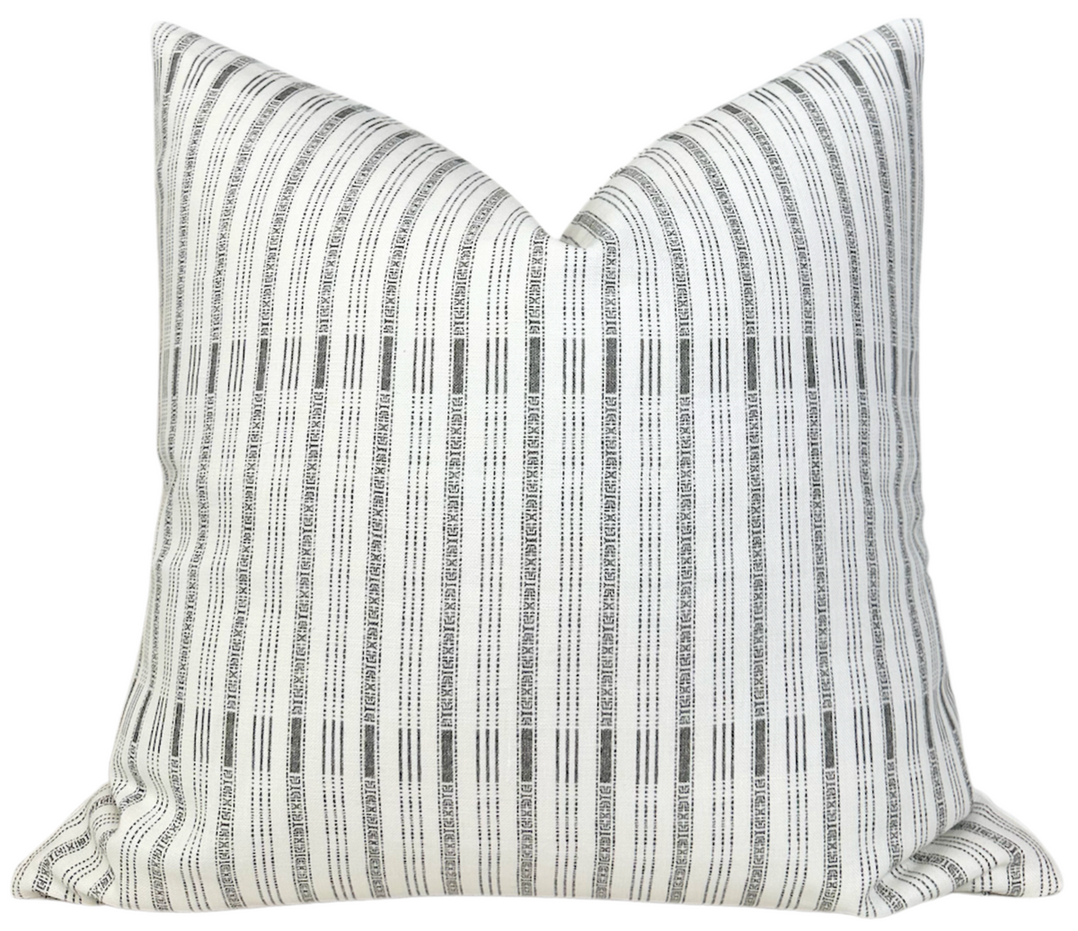 ILU Pillow Cover in Charcoal, showing printed front fabric and close-up of ivory linen backing