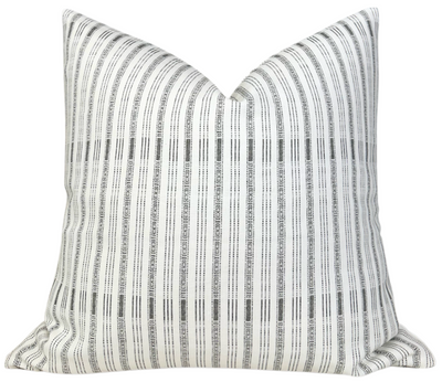 ILU Pillow Cover in Charcoal, showing printed front fabric and close-up of ivory linen backing
