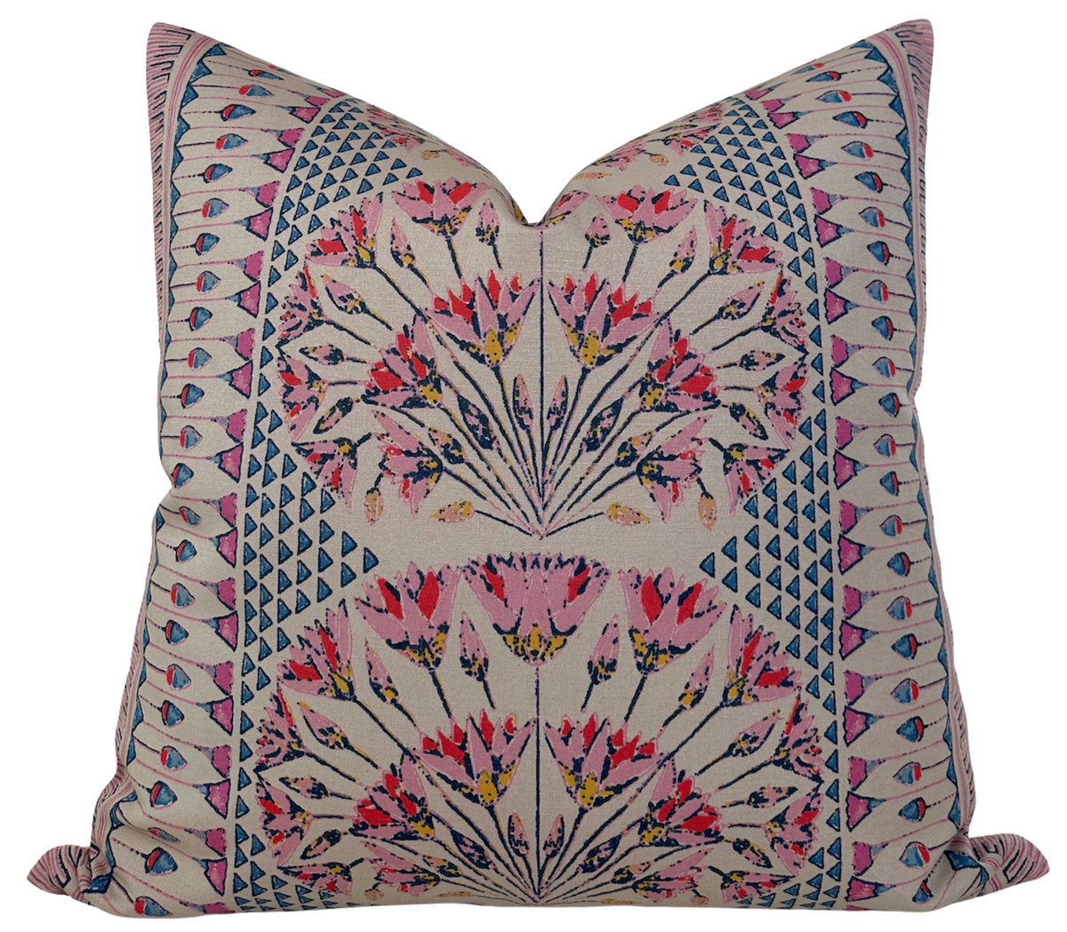 Cairo Pillow Cover in Pink and Coral showing coral pink abstract print on linen fabric