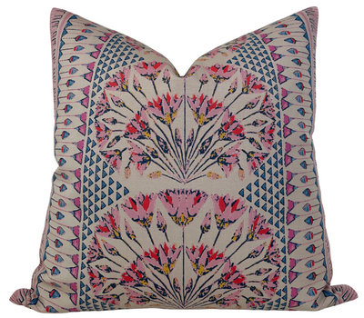 Cairo Pillow Cover in Pink and Coral showing coral pink abstract print on linen fabric