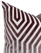 Velvet pillow cover with a geometric pattern of soft lilac and white chevron stripes creating a symmetrical, angular design.
