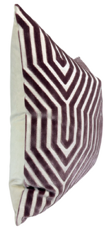 Rectangular pillow with a lilac velvet geometric maze pattern on the front and a smooth light cream fabric on the sides and back.