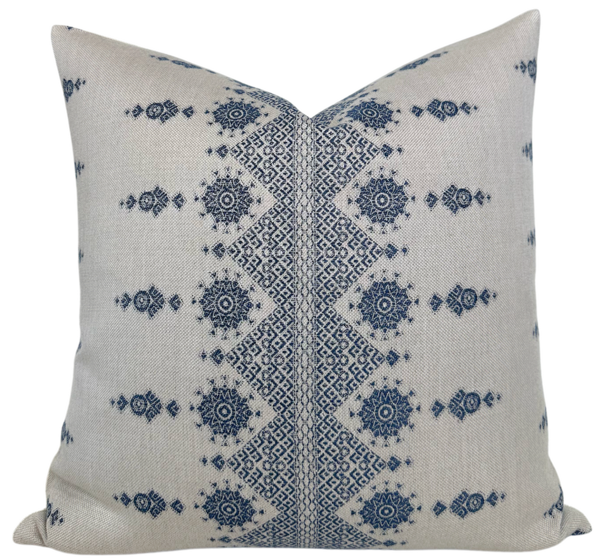 Carmania Pillow Cover in Indigo on Natural, featuring Peter Dunham fabric front and ivory linen back