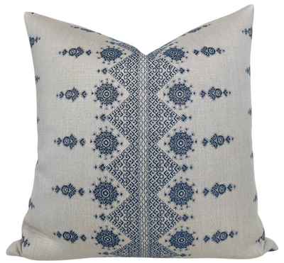 Carmania Pillow Cover in Indigo on Natural, featuring Peter Dunham fabric front and ivory linen back