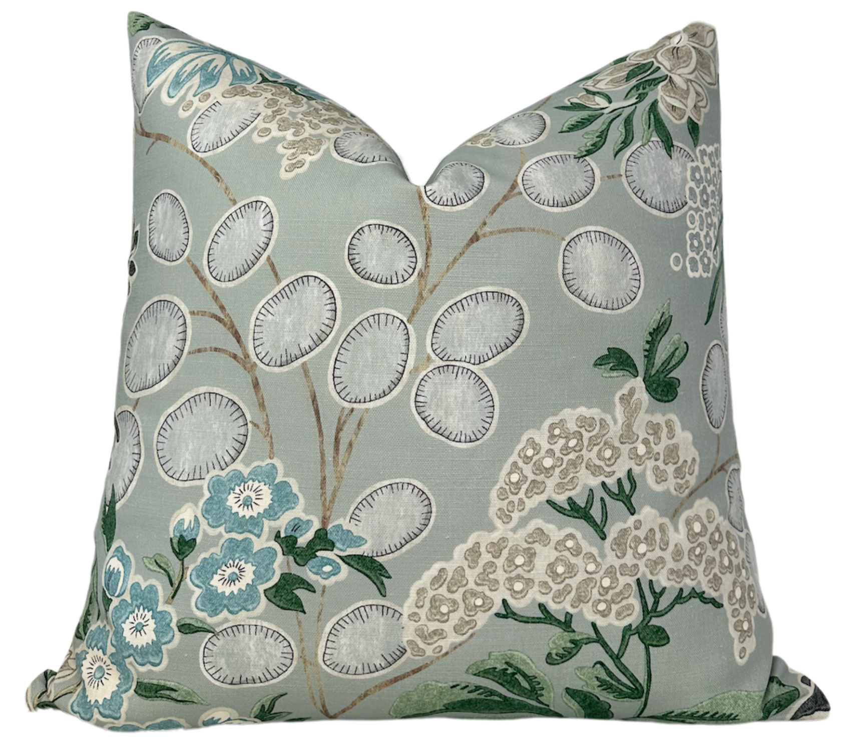 Meadow Floral Pillow Cover in Sage showing floral print fabric with ivory linen back