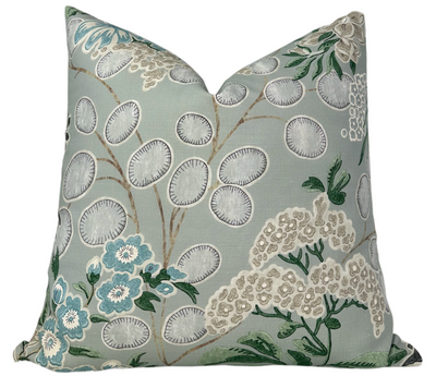 Meadow Floral Pillow Cover in Sage showing floral print fabric with ivory linen back