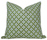 Serendipity Pillow Cover in green with ivory back resting on a chair