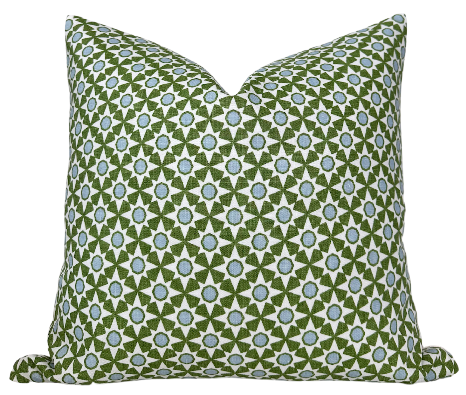 Serendipity Pillow Cover in green with ivory back resting on a chair