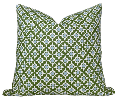 Serendipity Pillow Cover in green with ivory back resting on a chair