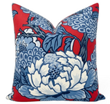 Honshu Pillow Cover in Red and Blue showing close-up of floral pattern and ivory linen backing