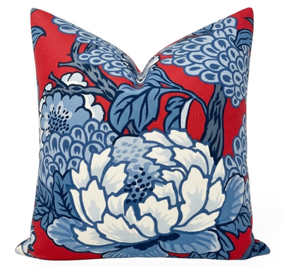 Honshu Pillow Cover in Red and Blue showing close-up of floral pattern and ivory linen backing