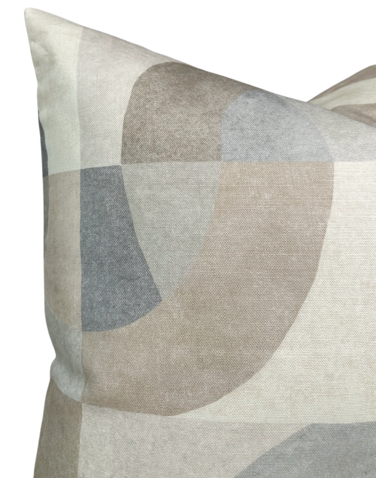 Pillow cover with abstract geometric pattern in soft parchment tones, featuring overlapping curved shapes in beige, gray, and muted blue shades.