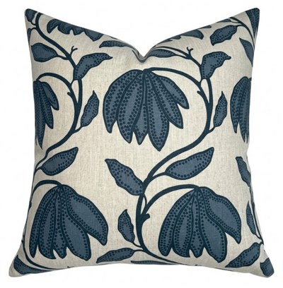 Desert Floral Pillow Cover in Mineral Blue showing detailed floral pattern and ivory linen backing.