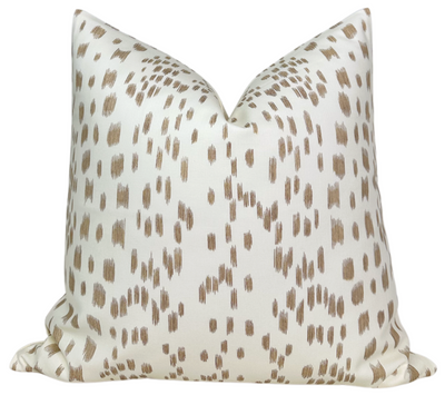 Les Touches Pillow Cover in Sand showing printed fabric front and ivory linen fabric back