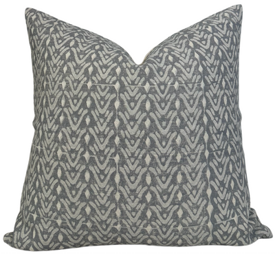 Bellflower Pillow Cover in Cadet showing bellflower print on linen with natural ivory linen back