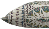 Side view of a rectangular pillow with a muted beige background featuring intricate patterns in eggplant purple, teal blue, and olive green.