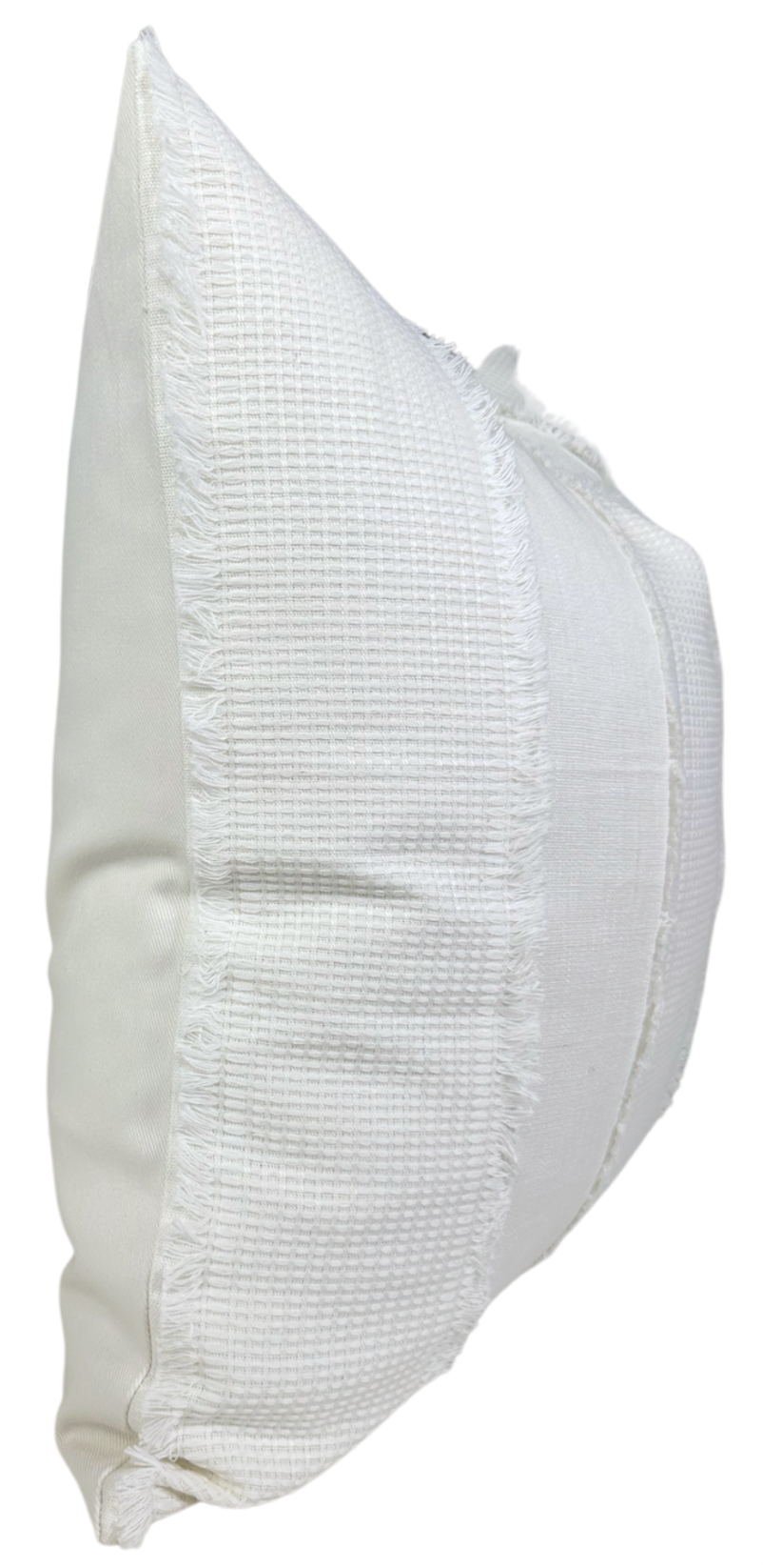 Ivory rectangular pillow cover with textured woven front panel featuring subtle embroidery and fringed edges, smooth solid fabric on the back and sides.