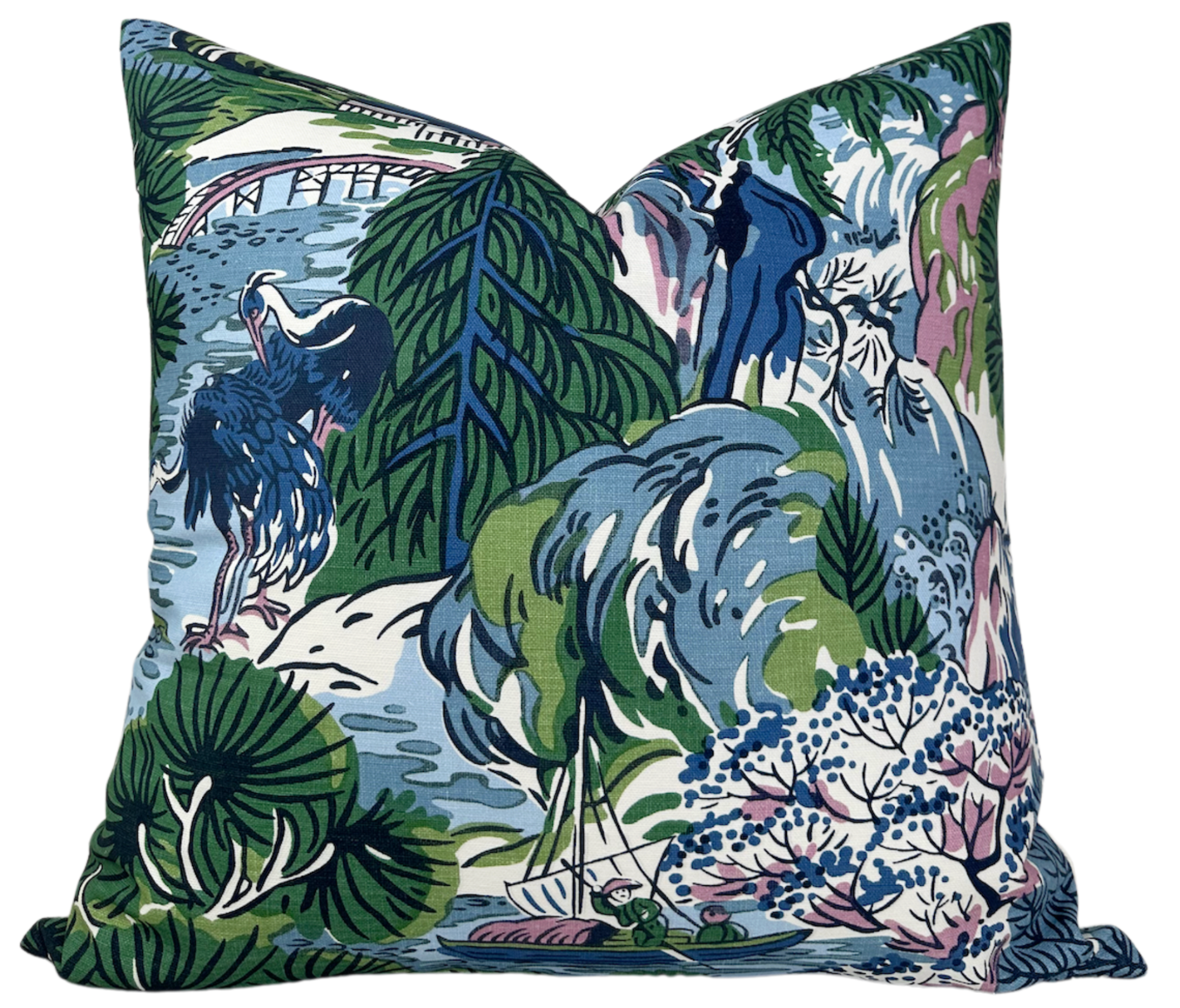 Pagoda Pillow Cover in Blue featuring blue and multicolor Pagoda print on front and ivory linen back