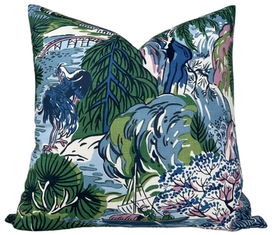 Pagoda Pillow Cover in Blue featuring blue and multicolor Pagoda print on front and ivory linen back