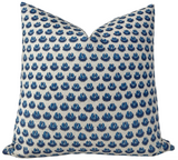 Cadiz Pillow Cover in Blue, front printed fabric with natural ivory linen back