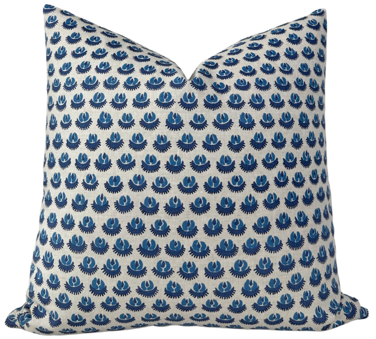 Cadiz Pillow Cover in Blue, front printed fabric with natural ivory linen back