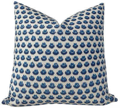 Cadiz Pillow Cover in Blue, front printed fabric with natural ivory linen back