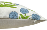 Close-up of a pillow corner showing sky blue floral patterns with green stems on a white fabric upper, and a textured off-white fabric lower with a white zipper.