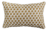 Rectangular pillow with a repeating saffron-colored floral and sunburst pattern on a white background, featuring matching piped edges.