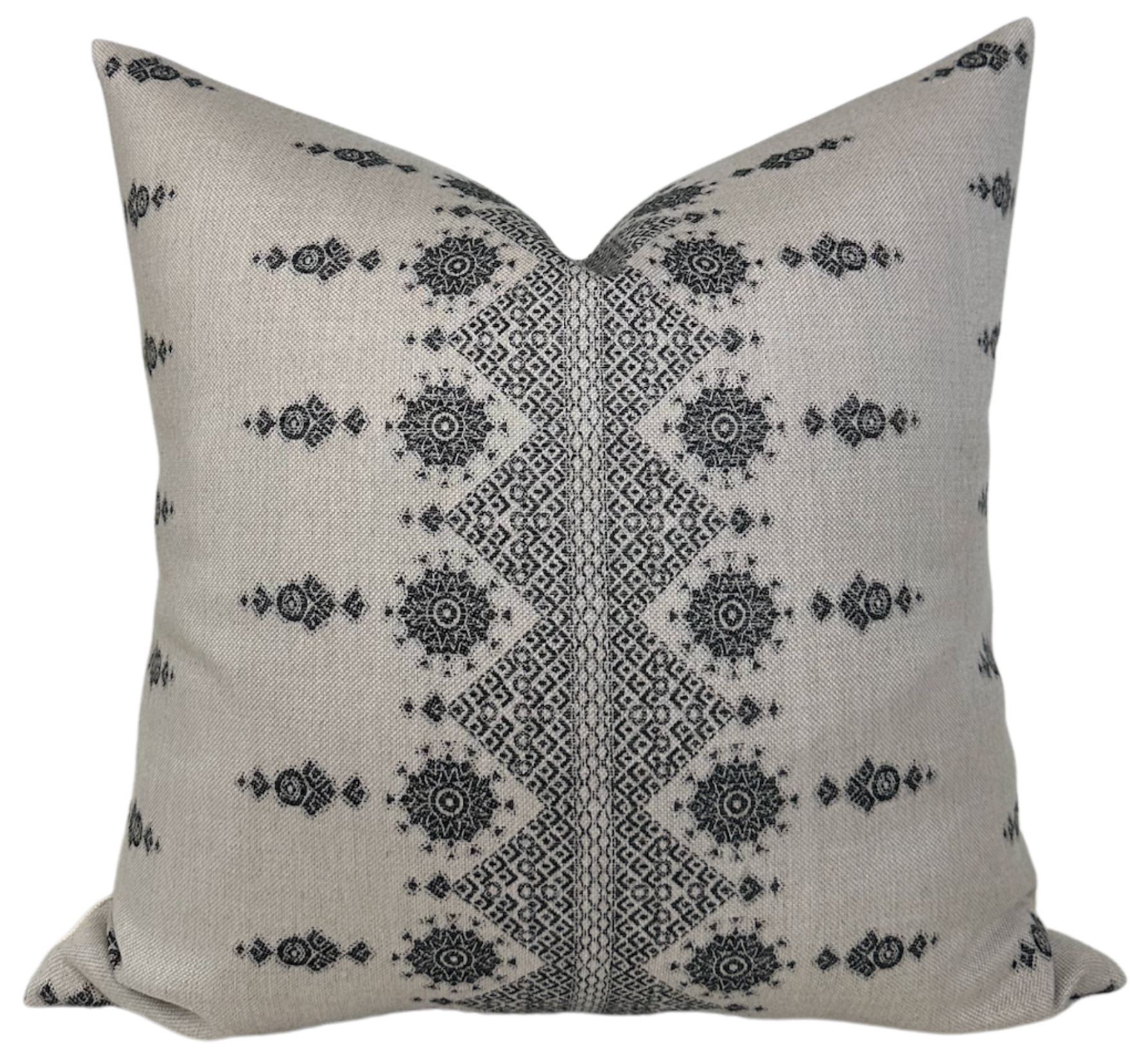 Carmania Pillow Cover in Charcoal with ivory linen backing displayed indoors