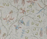 Decorative pillow cover fabric with pastel floral pattern featuring blue and pale brown flowers intertwined with green leaves on a light beige background.