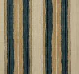 Textile featuring vertical stripes in shades of beige, tan, and deep teal on a textured beige background, creating a layered, organic striped pattern.