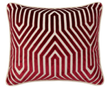 Rectangular pillow cover featuring a garnet red velvet background with a symmetrical geometric pattern of bold white lines creating a three-dimensional illusion.