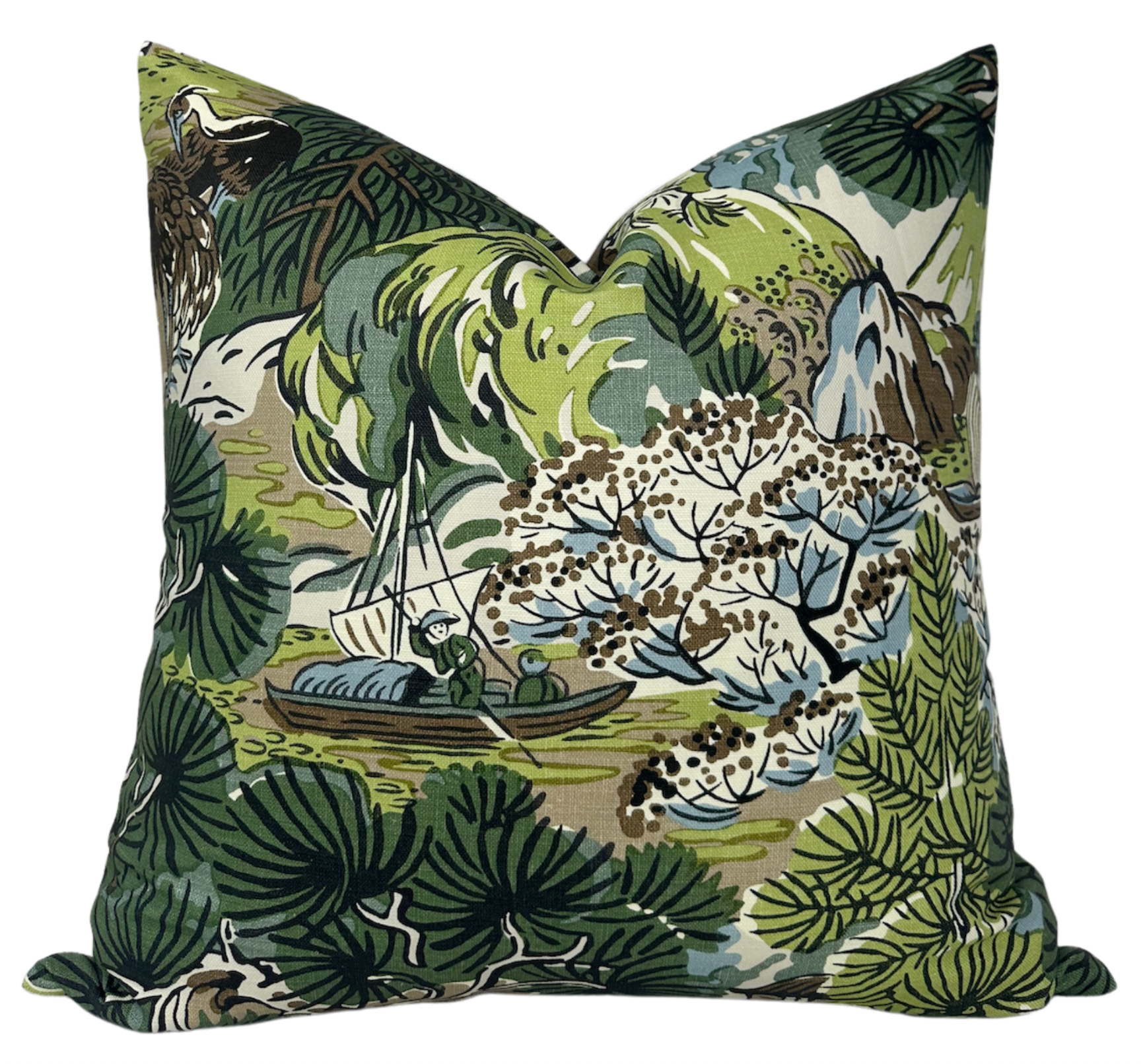 Pagoda Pillow Cover in green and brown floral pattern with ivory linen back