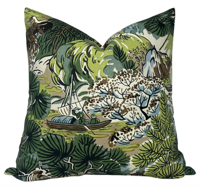 Pagoda Pillow Cover in green and brown floral pattern with ivory linen back