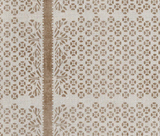 Close-up of woven pillow cover fabric in sand brown with intricate geometric and floral patterns in rows, featuring a vertical stripe detail.