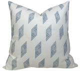 Myriad Pillow Cover in Lake Blue showing printed fabric front and ivory linen back with invisible zipper