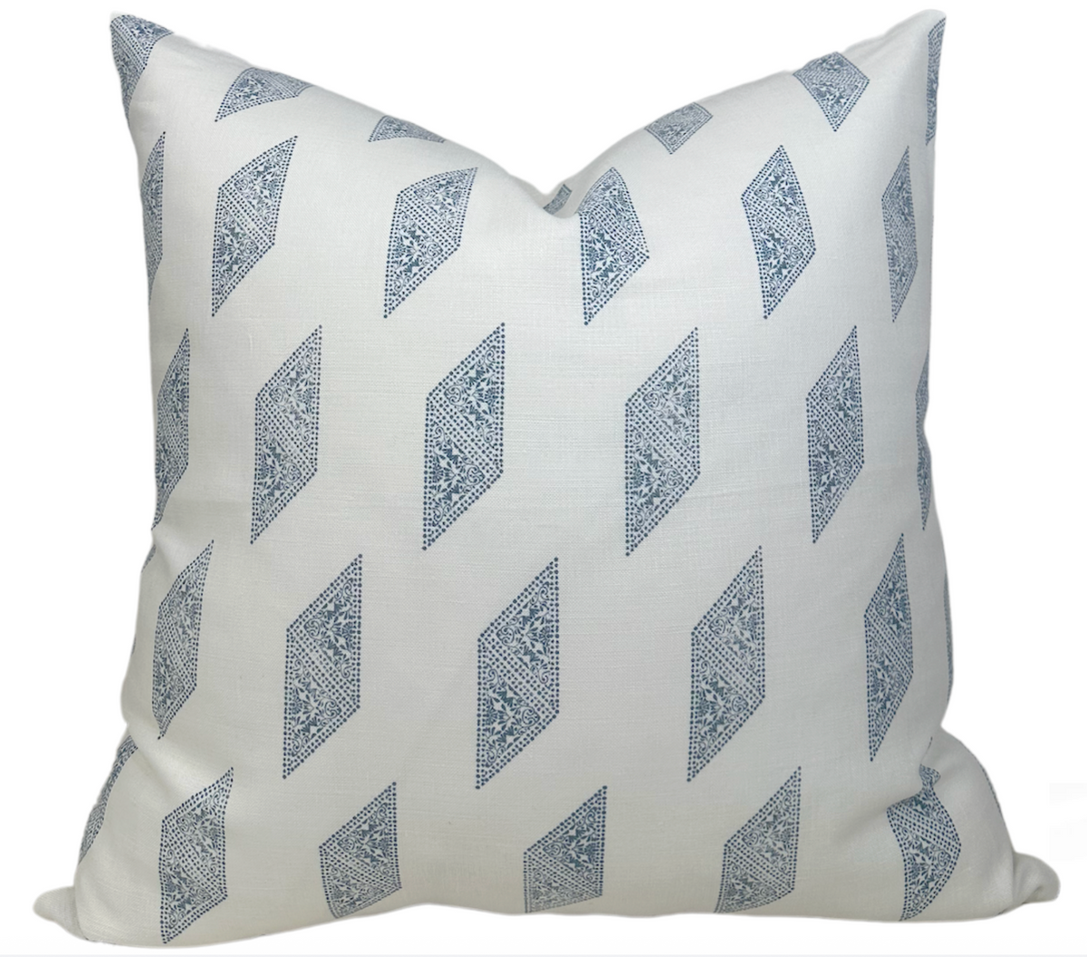 Myriad Pillow Cover in Lake Blue showing printed fabric front and ivory linen back with invisible zipper