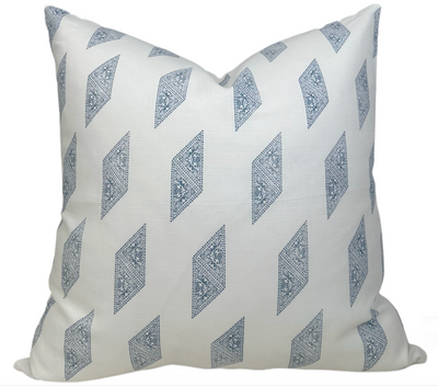 Myriad Pillow Cover in Lake Blue showing printed fabric front and ivory linen back with invisible zipper