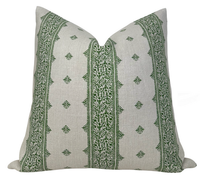 Fez Pillow Cover in Green showing green printed front fabric and ivory linen back