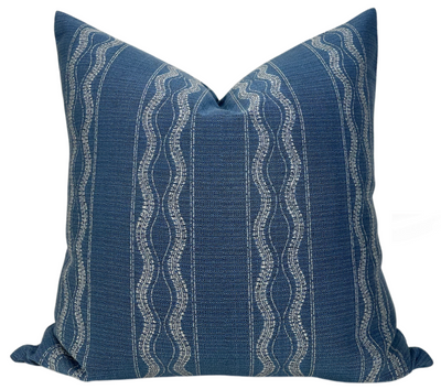 Zanzibar Outdoor Pillow Cover in Lapis Blue showcasing vibrant pattern and ivory back fabric