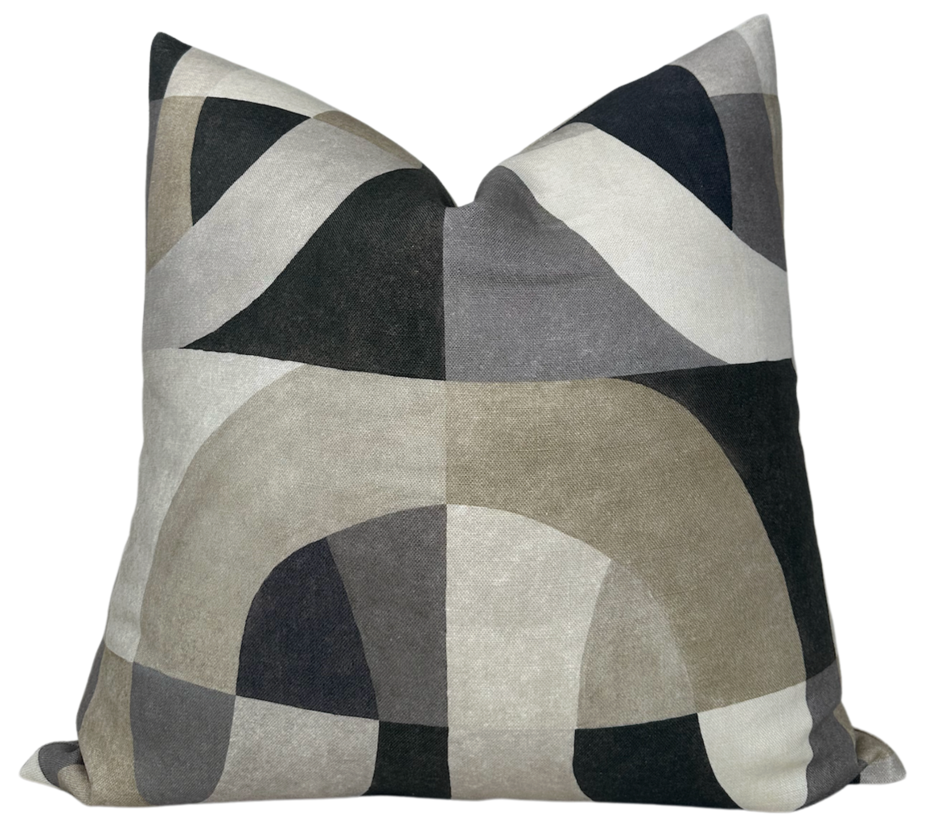 Colonnade Pillow Cover in Onyx showing black and white geometric print front and ivory linen back