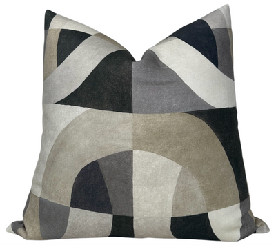 Colonnade Pillow Cover in Onyx showing black and white geometric print front and ivory linen back