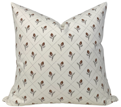 Holden Hand Pillow Cover in Cream showing hand printed front fabric and natural ivory linen back