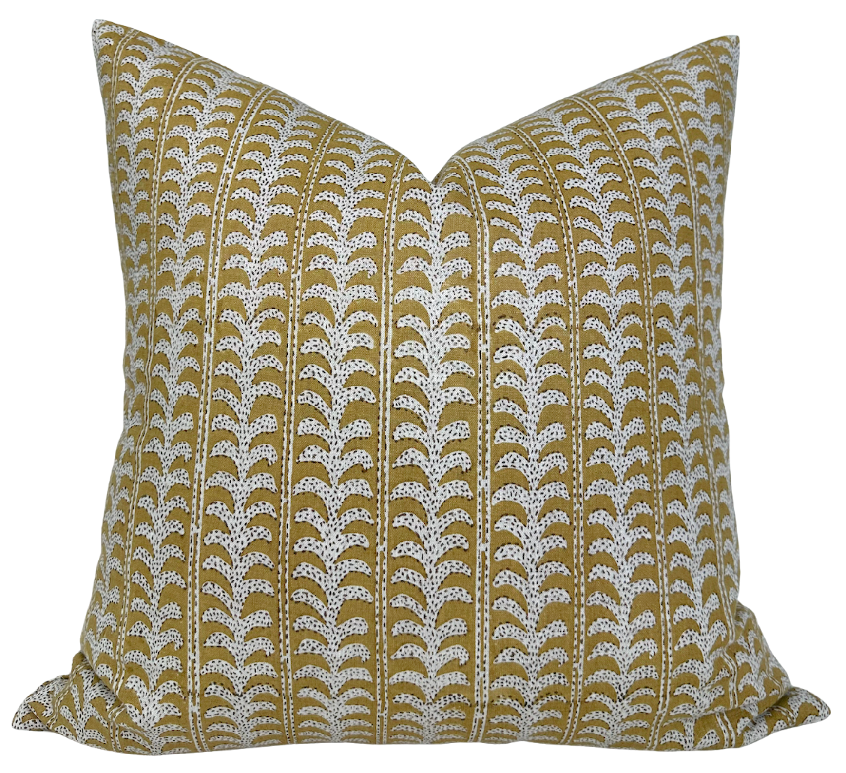 Luxor Pillow Cover in Saffron with ivory linen backing displayed on a wooden chair