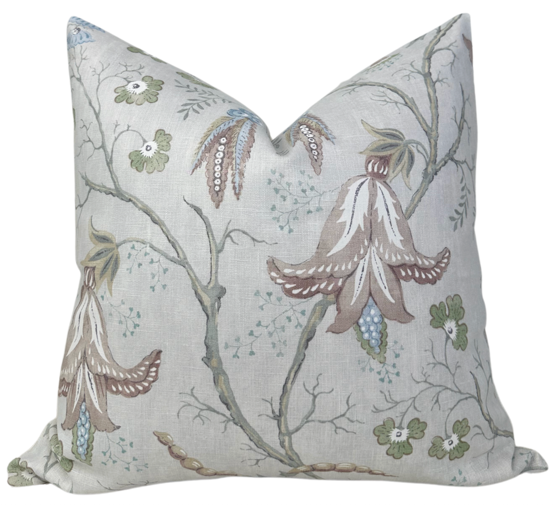 Cristabel Pillow Cover in Blue featuring printed fabric on front and ivory linen backing