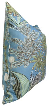Square pillow cover in spa blue with detailed botanical embroidery featuring ferns, seed pods, and pearl-like accents.