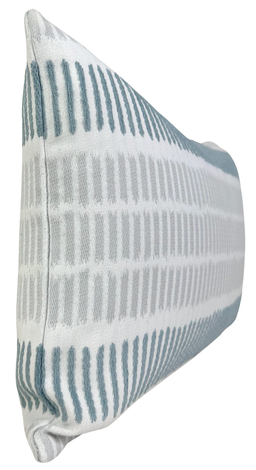 Rectangular pillow with light gray and slate blue horizontal lines and vertical stripes pattern on a white background, angled to show the side and front textures.