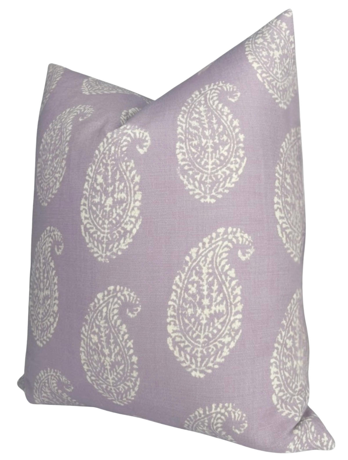 Square pillow cover in lilac purple featuring a repeating pattern of white, intricately detailed paisley motifs arranged evenly across the fabric.