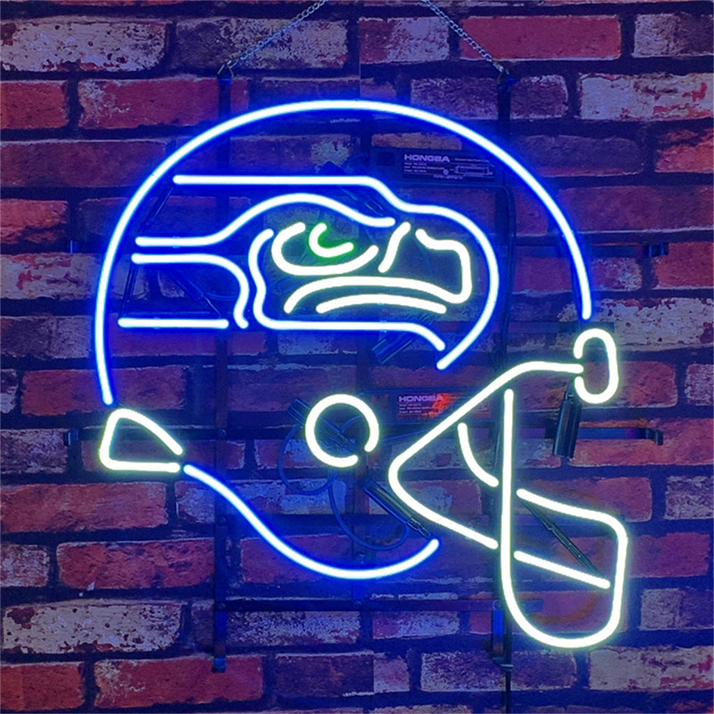 Seattle Seahawks Helmet Neon Signs Light showing bright green, yellow, and blue neon tubes on a metal grid backing