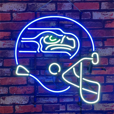 Seattle Seahawks Helmet Neon Signs Light showing bright green, yellow, and blue neon tubes on a metal grid backing